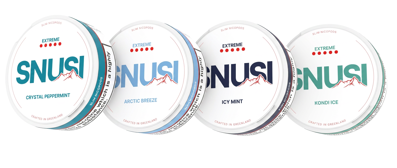 The SNUSI range: Crystal Peppermint, Arctic Breeze, Icy Mint and Kondi Ice nicotine pouches